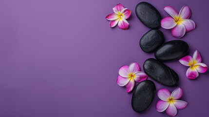 Obraz na płótnie Canvas Flat lay composition with black spa stones and flowers isolated on purple background with space for text