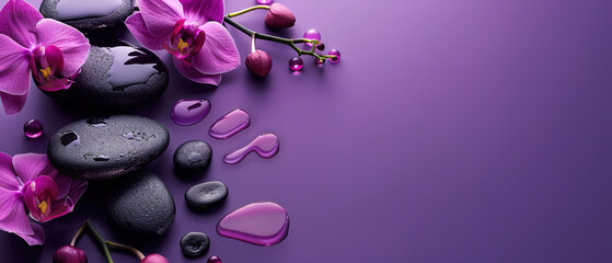 Naklejka premium Flat lay composition with black spa stones and flowers isolated on purple background with space for text