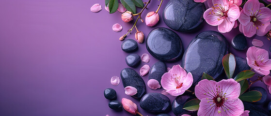 Flat lay composition with black spa stones and flowers isolated on purple  background with space for text