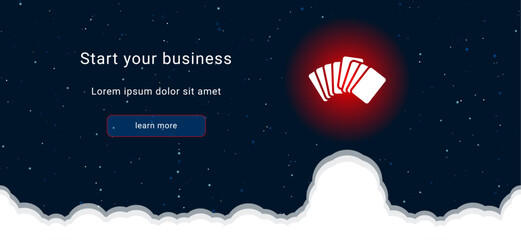 Business startup concept Landing page screen. The playing cards symbol on the right is highlighted in bright red. Vector illustration on dark blue background with stars and curly clouds from below