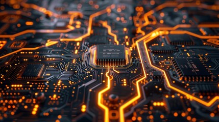 Conceptual illustration of a digital circuit integrated with AI algorithms,  demonstrating the seamless interaction between hardware and software in intelligent systems.