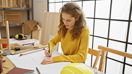 A focused woman in yellow sweater drafts plans at a cluttered carpentry workshop table.