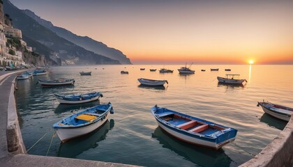 Fototapeta na wymiar Beautiful sunrise on Tyrrhenian Sea, there are fishing boats on the water. Photo taken on Amalfi coast, Campania, Italy