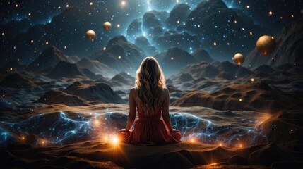 Cosmic Contemplation: A Woman in Meditation by a Fantastical Starlit Ocean - obrazy, fototapety, plakaty