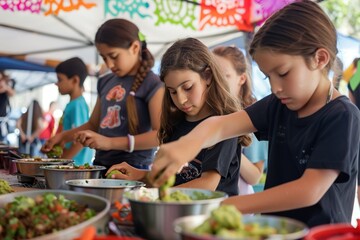 Naklejka premium Children participate in a festive food preparation activity.