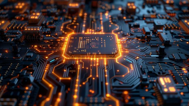 Conceptual illustration of a digital circuit integrated with AI algorithms,  demonstrating the seamless interaction between hardware and software in intelligent systems.