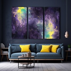 Black and yellow watercolour splatter background, purple yellow