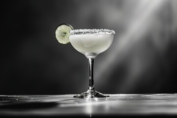 A frosty margarita with a lime garnish and salted rim, spotlighted on a dark background. - obrazy, fototapety, plakaty
