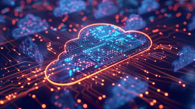 Cloud computing architecture depicted as a digital circuit with interconnected nodes,  showcasing the scalability and interconnectedness of modern computing infrastructures.