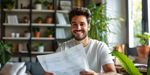 Naklejka premium A confident businessman working from home with a smile while holding paperwork and facing the camera. Concept Home Office, Businessman, Working From Home, Smiling, Holding Paperwork, Confident