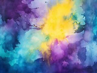 Black and yellow watercolour splatter background, purple yellow