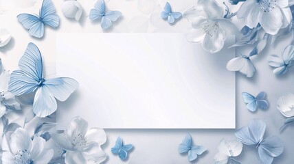 Blank card with blue butterflies and flowers on a white background.