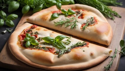 Calzone Italian pizza with fresh herbs and herbs. healthly food