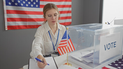 A young woman oversees a usa electoral process indoors, by the american flag.
