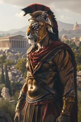 A captivating illustration of a tiger wearing Spartan battle gear, helmet under its arm, looking over the ancient city of Sparta The scene is set at dawn, with the first rays of light illuminating the