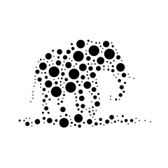 A large wild elephant symbol in the center made in pointillism style. The center symbol is filled with black circles of various sizes. Vector illustration on white background