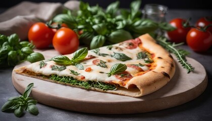 Fototapeta na wymiar Calzone Italian pizza with fresh herbs and herbs. healthly food