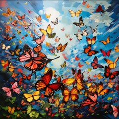 Butterflies flying in the blue sky. Colorful background.