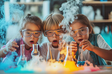 Three children with safety glasses amazement during a fun science lab experiment, smoky chemical reaction. Concept STEM education, innovation and technology, safety in science, scientific research