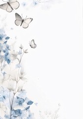 Watercolor background with hydrangea flowers, leaves and butterfly