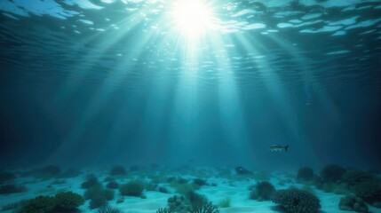 Fototapeta na wymiar Ethereal Sunbeams Dancing on the Ocean Floor: A Serene Underwater Oasis
