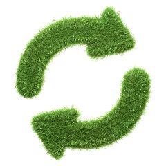 A refresh or reload icon made of green grass isolated on a white background, representing the concept of renewal and sustainable cycles in technology and nature. 3D render illustration