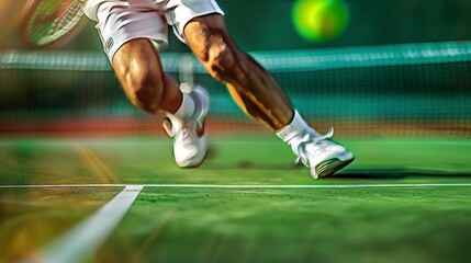 Fototapeta premium Dynamic tennis action captured with player in motion on green court. Action photography of a professional tennis player. Fast movement