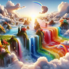 Cascading rainbow waterfalls flow from floating islands among fluffy clouds, creating a vibrant and fantastical dreamscape. The scene exudes magic and serenity in a sky-bound utopia. AI generation