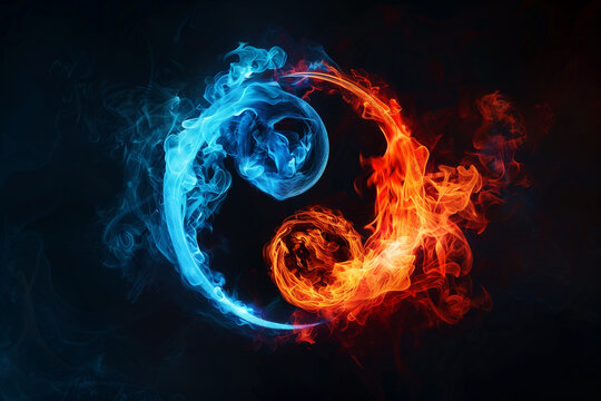 Fiery yin and yang symbol in blue and red on dark wallpaper
