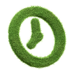 A clock symbol made of green grass, representing time, sustainability, and the natural rhythm of life, isolated on a white background. 3D render illustration