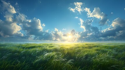 Serenity in nature: a lush green meadow under a vibrant sky at sunrise. perfect backdrop for designs and media projects. calming and inspiring landscape image. AI