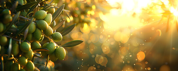 Green Olives Hanging From a Tree on a Warm Summer Evening copyspace