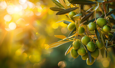 Green Olives Hanging From a Tree on a Warm Summer Evening copyspace