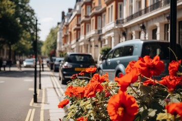 Colorful flowers and lush trees brightening up the busy streets and squares of urban landscape - obrazy, fototapety, plakaty