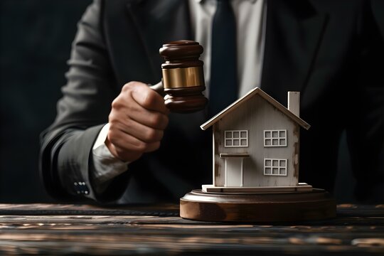 Auctioneer with gavel selling house model for real estate investment emphasizing legal aspects and financial benefits. Concept Real Estate Investment, Legal Aspects, Financial Benefits, Auctioneer