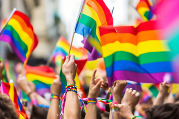 Fototapeta premium Photo a crowd with lgbt rainbow flags