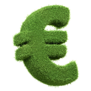 Euro currency symbol in lush green grass texture isolated on a white background, suggesting economic growth and eco-friendly finance, isolated on white background. 3D render illustration