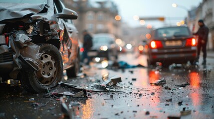 An immediate aftermath of a car collision in urban setting during a rain, focusing on vehicular damage and safety - obrazy, fototapety, plakaty