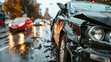 Close-up of a black car with a smashed front end, scattered glass, and car parts on a reflective wet street after an accident - obrazy, fototapety, plakaty