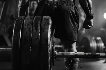 A man in black shorts stands with his back to the camera near a barbell with heavy weights. He does deadlifts in the gym. Black and white photo.