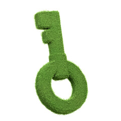 A traditional key icon rendered in lush green grass isolated on a white background, symbolizing access to eco-friendly solutions and the unlocking of sustainable potential. 3D render illustration