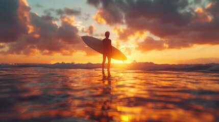 Surf enthusiast in silhouette against a vivid sunset on tranquil sea. Stunning surfer action - obrazy, fototapety, plakaty