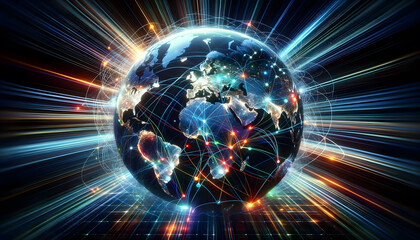 Obraz premium Global data traffic flowing across a digital globe.