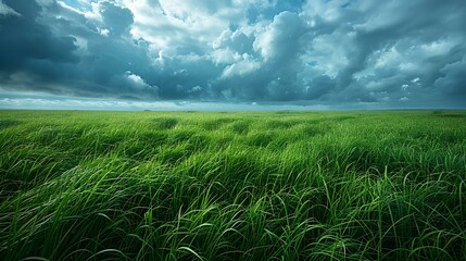 Lush green meadow under a dramatic cloudy sky. serene natural landscape. ideal for environmental and background use. peaceful countryside scenery. AI - obrazy, fototapety, plakaty