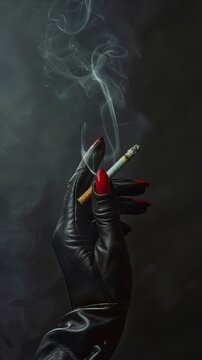 Elegant hand with red nail polish holding a cigarette