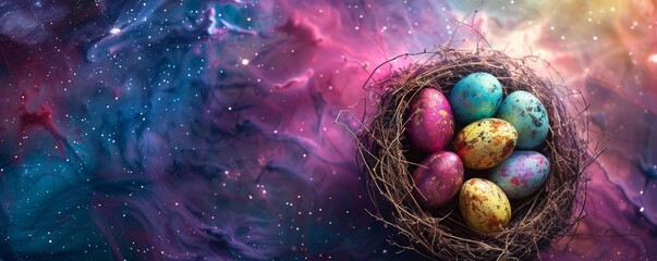 Easter eggs in nest on colorful cosmic background