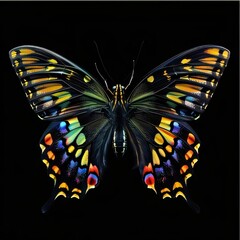 Butterfly isolated on black background. Colorful butterfly wings.