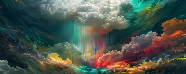 Surreal sky with vibrant colors and light beams