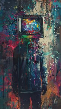 Abstract painting of a person with a television head