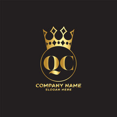 golden elegant qc initial letter with crown typography design logotype for brand and company identity. gradient gold color